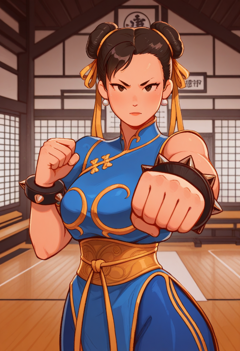 WhimsiFantasystyle,  masterpiece, best quality,    chun-li \(street_fighter\), dojo, punch coming straight for viewer, fist,  pov from viewer,