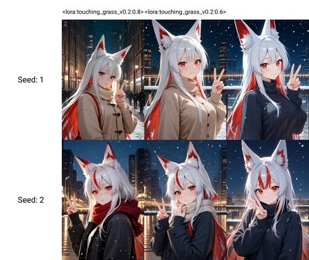 <lora:illustriousXL_stabilizer_v1.3:0.6><lora:touching_grass_v0.2:0.8>1girl,fox ears,red hair,white hair,multicolored hair,long hair,red eyes,upper body,v,long sleeves,snowing,night,city,cityscape,ambient light,