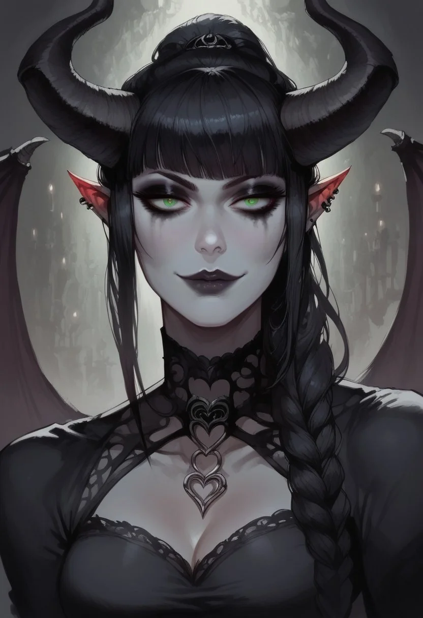 score_9, score_8_up, score_7_up, arts_angel. arts_angelstyle. Christian Angel. Christian Angel Style detailed_eye_model, BREAK, 1woman portrait, beautiful, dramatic lights ((Succubus, Demon Girl, Succub, horns, seductive, seductive look, goth, goth girl, goth makeup, green eyes, wings, bat wings grey skin, grey colored skin, black hair, long braided ponytail, bangs, side bangs, happy, smug))