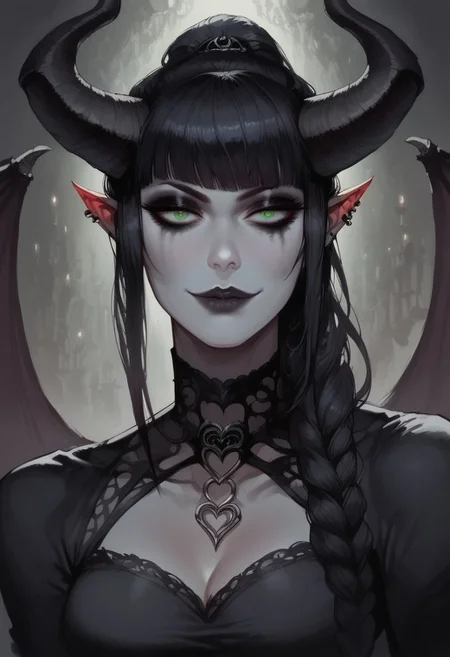 score_9, score_8_up, score_7_up, arts_angel. arts_angelstyle. Christian Angel. Christian Angel Style detailed_eye_model, BREAK, 1woman portrait, beautiful, dramatic lights ((Succubus, Demon Girl, Succub, horns, seductive, seductive look, goth, goth girl, goth makeup, green eyes, wings, bat wings grey skin, grey colored skin, black hair, long braided ponytail, bangs, side bangs, happy, smug))