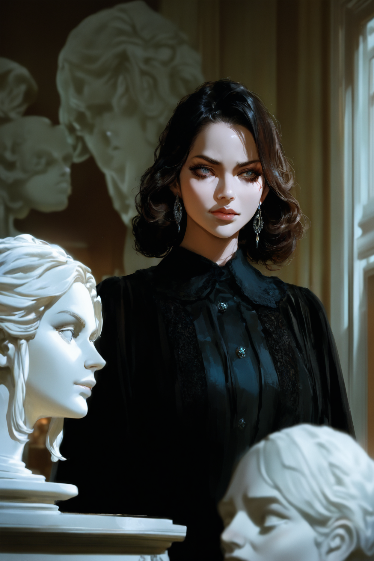 masterpiece,high score,great score,absurdres, a marble sculpture, <lora:tw1l1ght:1>,(tw1l1ght, realistic, depth of field, movie still, Clarice Beckett, international gothic, concept art),looking at each other with a serious look on their faces, .