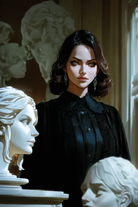 masterpiece,high score,great score,absurdres, a marble sculpture, <lora:tw1l1ght:1>,(tw1l1ght, realistic, depth of field, movie still, Clarice Beckett, international gothic, concept art),looking at each other with a serious look on their faces, .
