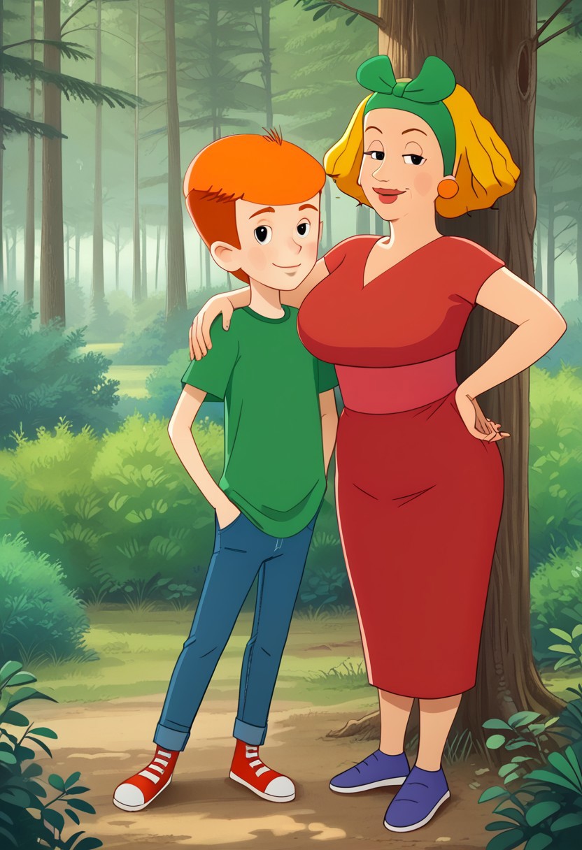 2d, cartoon, margo, fyodor, prostokvashino, forest, bushes, trees, outdoor background, perfect face, perfect hands, detailed, two characters, couple boy and woman, prostokvashino, black eyes, footwear,  couple with size difference, shorter male, 
(margo, woman with short blonde hair with green hairbow, busty milf, red dress, blue footwear   ).
(fyodor, boy with short orange hair, boy in jeans and green shirt, red footwear).
couple posing against viewer, woman hug boy with one hand, smug smile, looking at viewer, standing against tree, boy with hands in pockets,