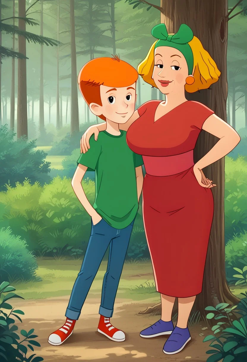 2d, cartoon, margo, fyodor, prostokvashino, forest, bushes, trees, outdoor background, perfect face, perfect hands, detailed, two characters, couple boy and woman, prostokvashino, black eyes, footwear, couple with size difference, shorter male,
(margo, woman with short blonde hair with green hairbow, busty milf, red dress, blue footwear ).
(fyodor, boy with short orange hair, boy in jeans and green shirt, red footwear).
couple posing against viewer, woman hug boy with one hand, smug smile, looking at viewer, standing against tree, boy with hands in pockets,