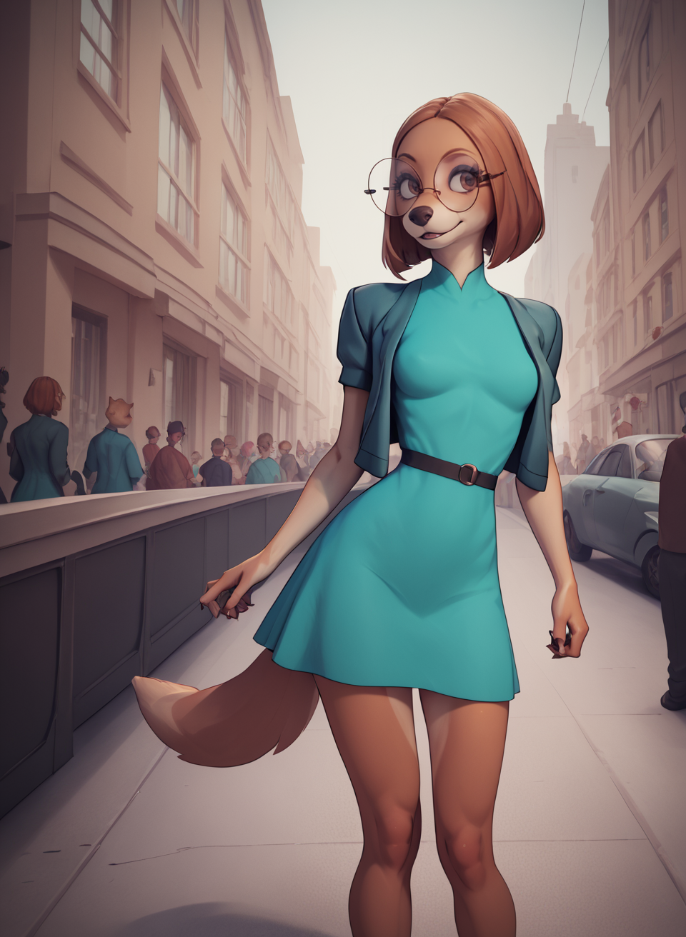 score_9, score_8_up, score_7_up, score_6_up, score_5_up, score_4_up, 3d, realistic  <lora:SukiLanePXL:1> SukiLanePXL, anthro, brown eyes, round glasses, small breast, city, crowd, teal dress, teal jacket