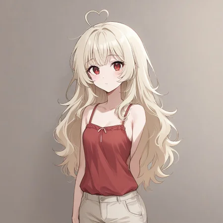 1girl, 3v4ngl13, pale blonde hair, red eyes, camisole, trousers,