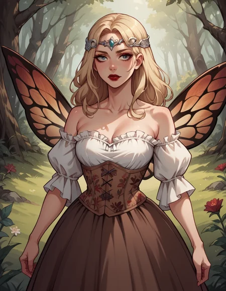 score_9, score_8_up, score_7_up, score_6_up, score_5_up, score_4_up, source_anime, 1girl, long blonde hair, makeup, red lipstick, hud_forest_fairy_dress, white and brown dress, puffy sleeves, floral corset, silver circlet, bare shoulders, wings, <lora:forestfairyxlp_epoch_8:0.6>,