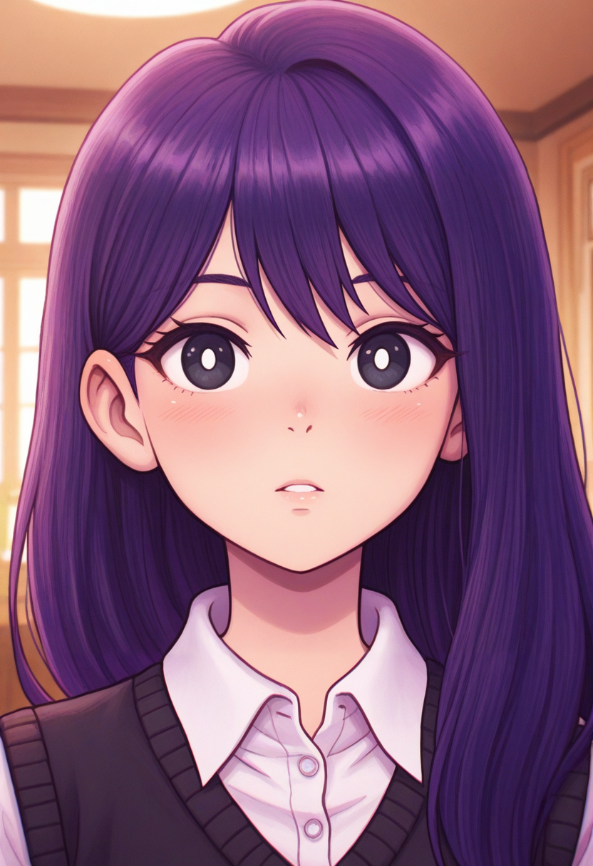 newest, masterpiece, best quality, 4k,
indoors, very aesthetic, detailed background, face focus, portrait,
1girl,solo, <lora:Mari - Omori:1>  mar1, long hair, purple hair, black eyes, white pupils,white collared shirt, black sweater vest,
