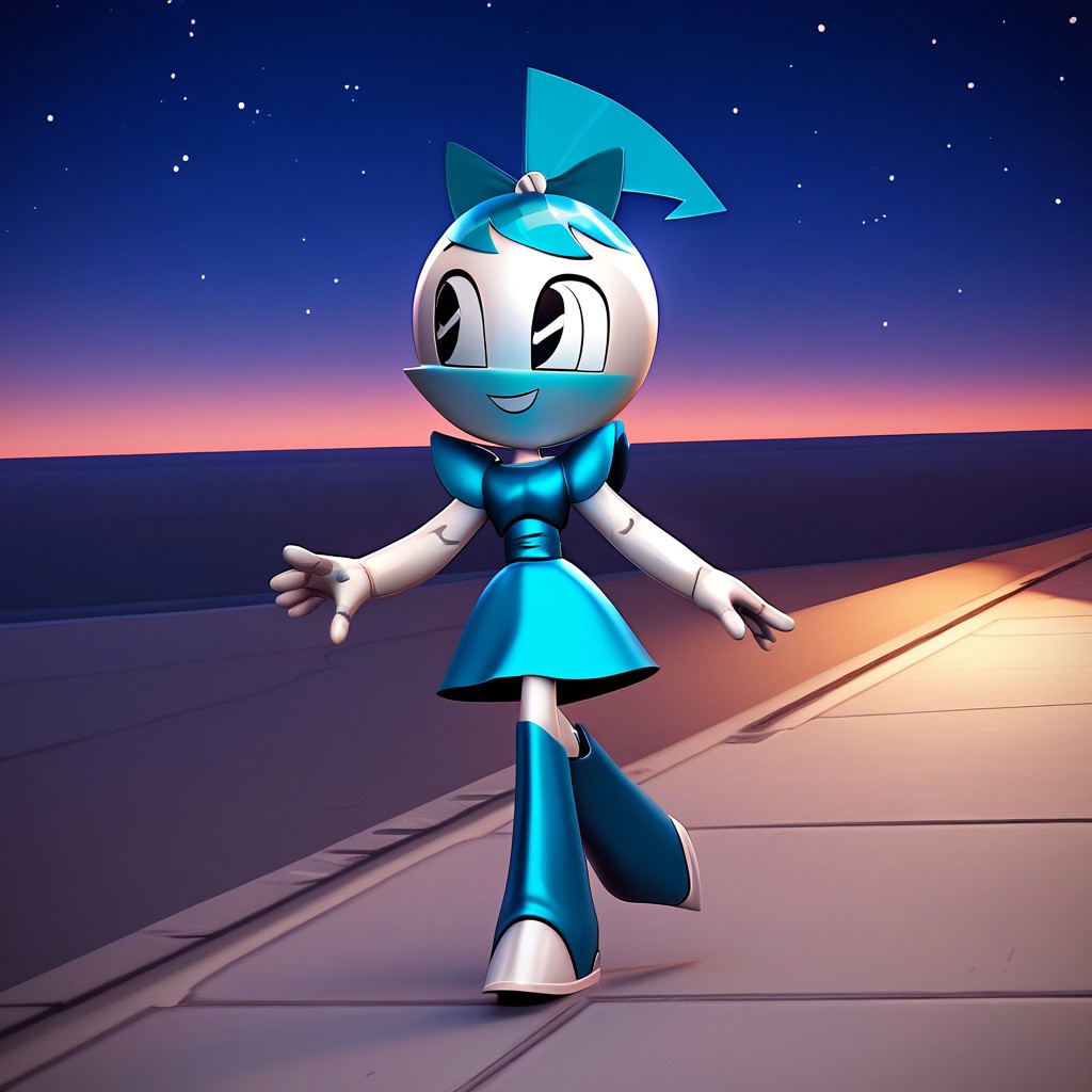 score_10, score_9_up, score_8_up, score_7_up, score_6_up, masterpiece, best quality, perfect cute face, nasbdress, jenny wakeman, 1girl, solo, 3d, render, metallic, white skin, robot, robot joints, blue hair, black eyes, ponytail, hair bow, blue dress, blue knee high boots, blue blush, full body, smile, open mouth, walking, night, sky, stars, outdoors, looking away