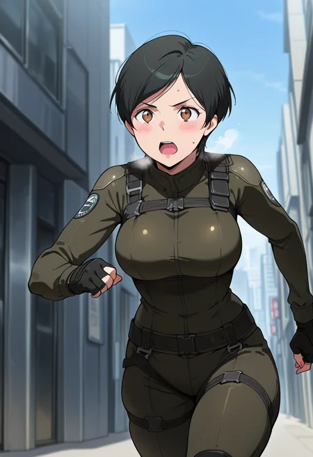 masterpiece, best quality, amazing quality, very aesthetic, absurdres, newest, illustration, perfect composition, intricate details, highres, anime coloring, 1girl, solo, kaoruww, mature female, brown eyes, black hair, short hair, breasts, black fingerless gloves, black combat boots, <lora:Mizusaki_Kaoru_Aldnoah_Zero_ill:1>, looking ahead, serious, blush, open mouth, heavy breathing, steaming body, sweat, sweatdrop, running, outdoors, day, city, shiny body, shiny skin, skindentation, clear skin, shiny hair, ultra detailed eyes, depth of field, sharp, intricate details, hyperdetailed, ultra-detailed, detailed clothing folds, high contrast, dynamic light