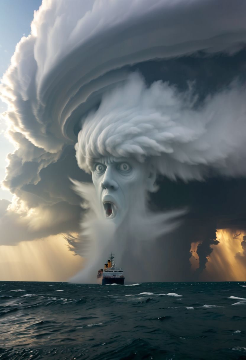 cloud pareidolia screaming at ship creating heavy winds, tornado and cyclone