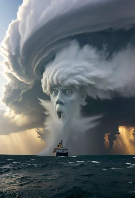 cloud pareidolia screaming at ship creating heavy winds, tornado and cyclone