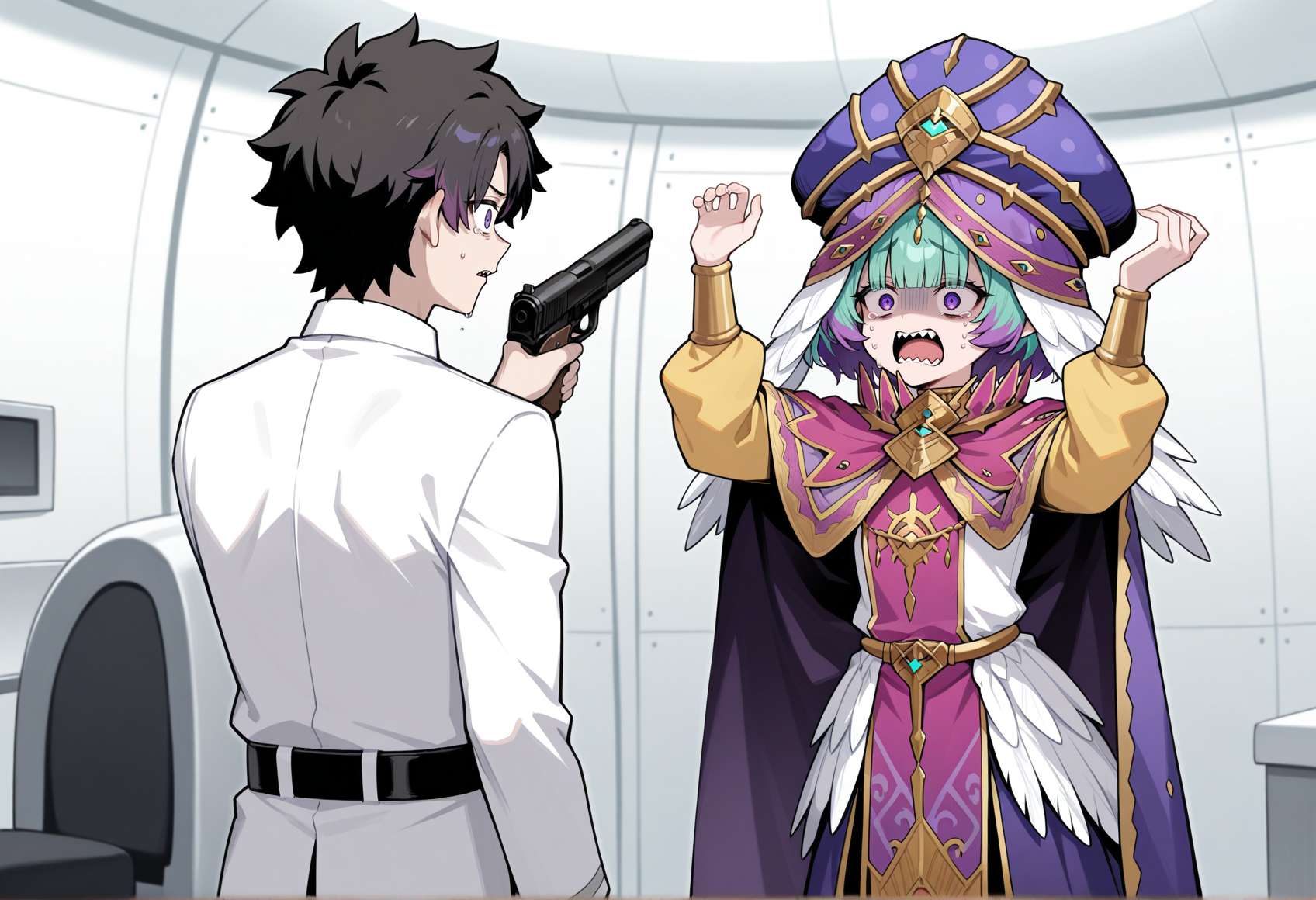 1boy, 1girl, indoors, spacecraft interior, white walls, 1boy, fujimaru ritsuka \(male\), angry, tears, holding gun, aiming at another
BREAK
1boy, 1girl, indoors, spacecraft interior, white walls, 1girl, solo, short hair, multicolored hair, green hair, purple hair, purple eyes, sharp teeth, hat, feathers, cloak, long skirt scared, surprised, open mouth, hands up, arms up  <lora:locusta:1>, masterpiece, best quality, amazing quality, very aesthetic, absurdres, highres, newest