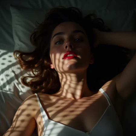 <lora:casting shadows style v1:1>
cucoloris, light modifier, casting shadows, From above, A cucoloris patterned illumination casting a window shadow on a red lips woman laying in bed with her head on her hands, 1girl, solo, blue eyes, lying, parted lips, on back, blurry, realistic, cinematic, film, filmic, casting shadow, venetian blinds casting shadow light, shadow on face, face partially covered in shadow, different shadow, window casting shadow light, cinematography, detailed, detailed background, detailed face, high quality, 8k, cuculoris, kookaloris, cookaloris or cucalorus, light modifier, different light pattern, creative light, unique shadow, casting shadow style, 1boy, male focus, lips, sunlight, dappled sunlight