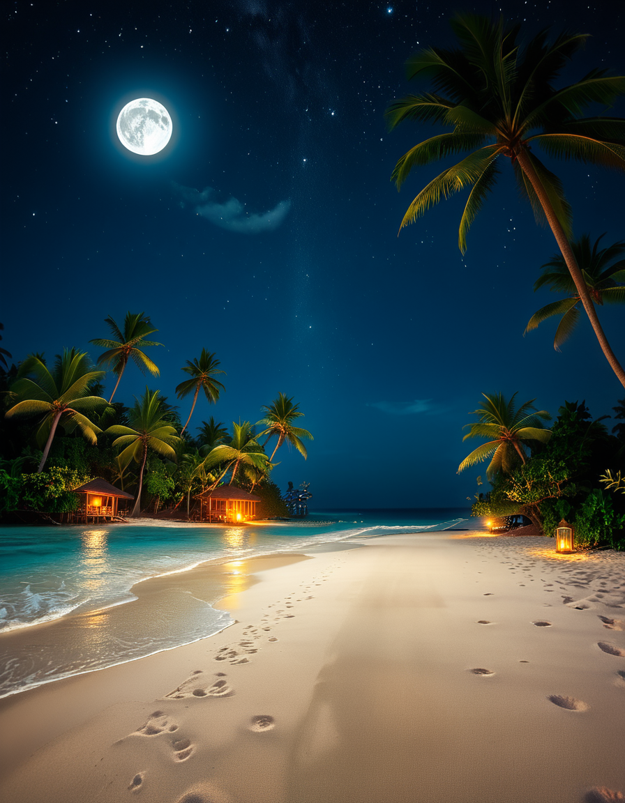 A breathtaking tropical beach at night, illuminated by the soft glow of the moon and twinkling stars. The ocean waves gently lap against the shore, reflecting silver moonlight. Tall palm trees sway slightly in the warm night breeze, their silhouettes contrasting against the deep blue sky. The sand appears smooth and slightly damp, glowing under the moonlight. In the background, distant islands are faintly visible on the horizon, their outlines softened by a light mist. The sky is filled with a mesmerizing display of stars, with the Milky Way faintly visible. The atmosphere is tranquil and serene, evoking a sense of peace and wonder. The image has a high level of detail, realistic textures, and a dreamy cinematic quality.
<lora:SDXLFaeTastic2400:0.4> <lora:extremely_detailed:0.4> extremely detailed,  <lora:tropical_beach_4t_n1ght:1>,tropical beach 4t n1ght, Masterpiece,best quality,hi res,8k,hi res,8k,award winning,(sharp focus, intricate, highly detailed),