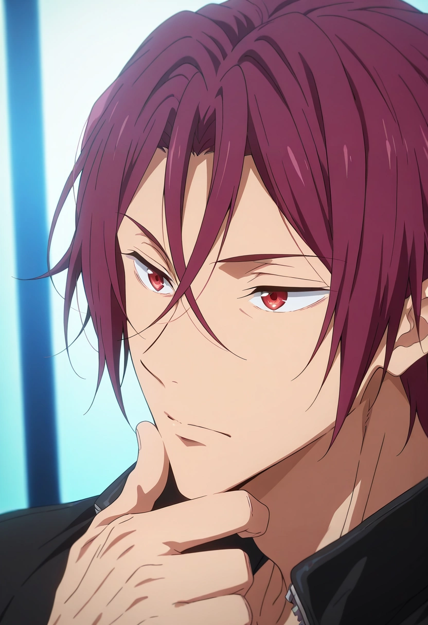 masterpiece, best quality, intricate details, anime screencap, anime coloring, official style, , 1boy, solo, male focus, <lora:rin_matsuoka_ilxl:0.94>, rin_matsuoka, red hair, red eyes, hair between eyes, photography studio, large reflector, seated with one hand on chin, thoughtful expression, soft ambient light,