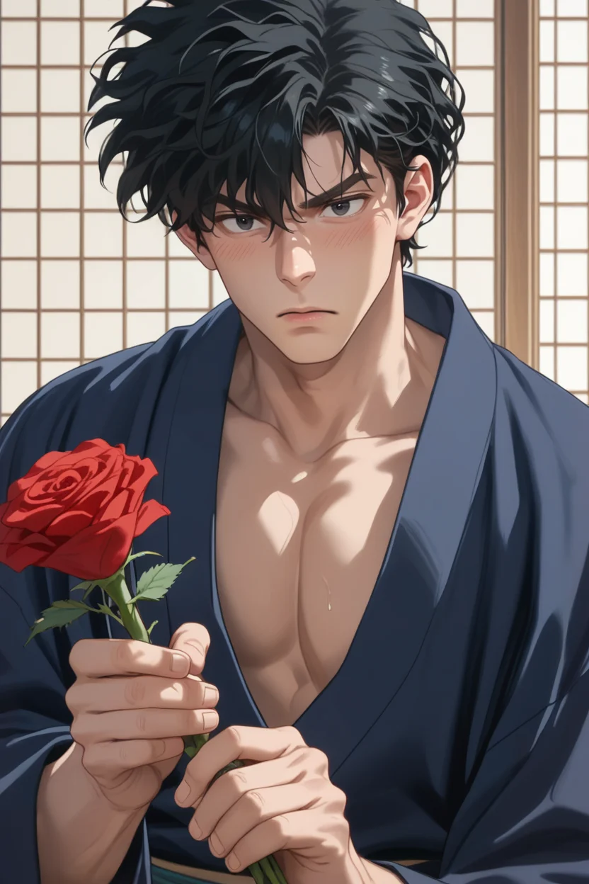 gay male, zPDXLxxx, source_anime, score_9, score_8_up, score_7_up, score_6_up, score_5_up, score_4_up <lora:Tatewaki_Kuno:0.7> 1boy, male focus, tatewaki_kuno, black hair, black eyes, thick eyebrows, japanese clothes, kimono, open clothes, large pectorals, holding red roses, blushing <lora:Expressive_H:1> startled expression, expressiveh