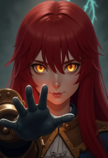 high-quality, masterpiece, a girl with long red hair in armor with yellow eyes, The camera frames her face as she raises her hand summoning a wave of spectral energy in the background barely visible as a faint glow, The scene radiates eerie power, high contrast, sharp lighting on her face, close-up, ghostly energy, (elaborate fine details:1.1), (elaborately detailed attire with extraordinary elements:1.1), (hyperdetailed:1.1), (intricate details:1.0), (Refined details:1.1), (best quality:1.1), (high resolution:1.2)