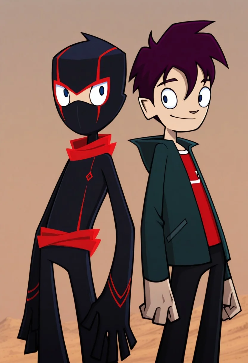 masterpiece,best quality,amazing quality, 2boys, back-to-back,
RandyCunningham, 1boy, male focus, blue eyes, purple hair, shirt, red shirt, jacket, green jacket, open jacket, black pants, outdoor, smile, BREAK
1boy, male focus, blue eyes, ninja, mask, black bodysuit, scarf, red scarf,