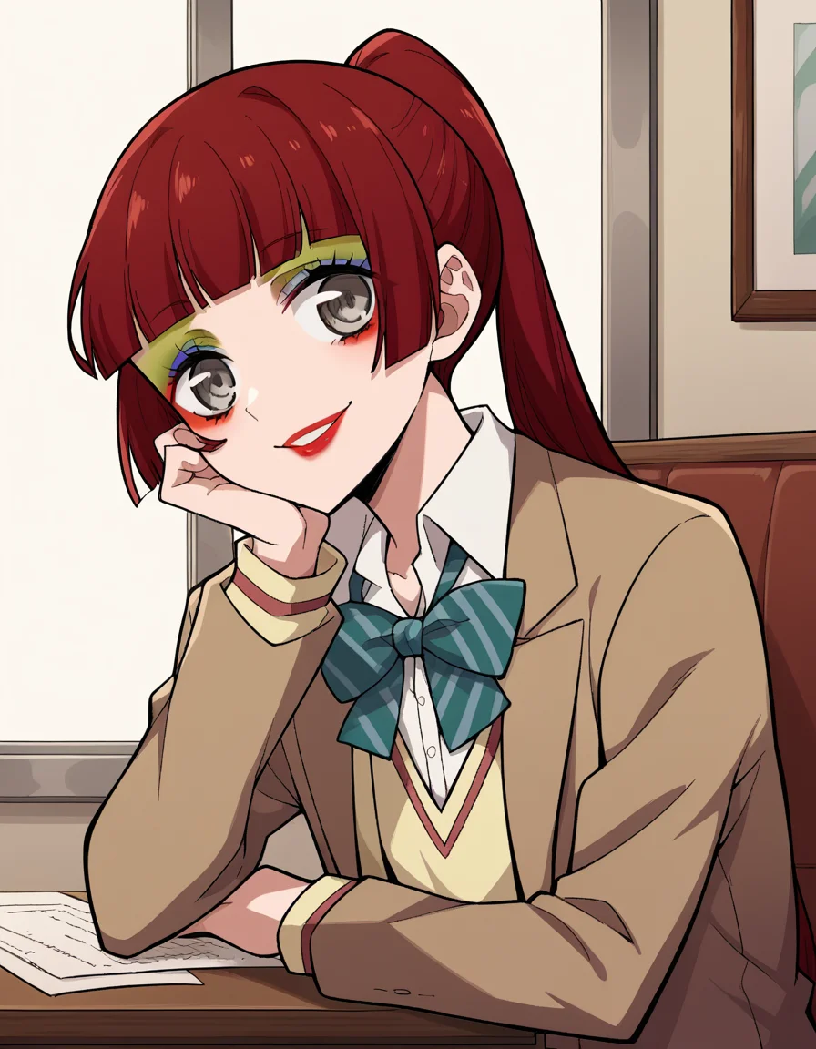 score_9, score_8_up, score_7_up, source_anime, <lora:n-arisugawa-oc-ponyxl-lora-nochekaiser:1>, n-arisugawa, long hair, red hair, bangs, blunt bangs, hime cut, grey eyes,, ponytail, makeup, lipstick, skirt, long sleeves, school uniform, jacket, miniskirt, green skirt, blazer, brown blazer, sweater vest, yellow sweater vest, bowtie, green bowtie, striped bowtie, collared shirt,, indoors, smile, looking at viewer, solo, sitting, head rest, table,, cowboy shot, dutch angle