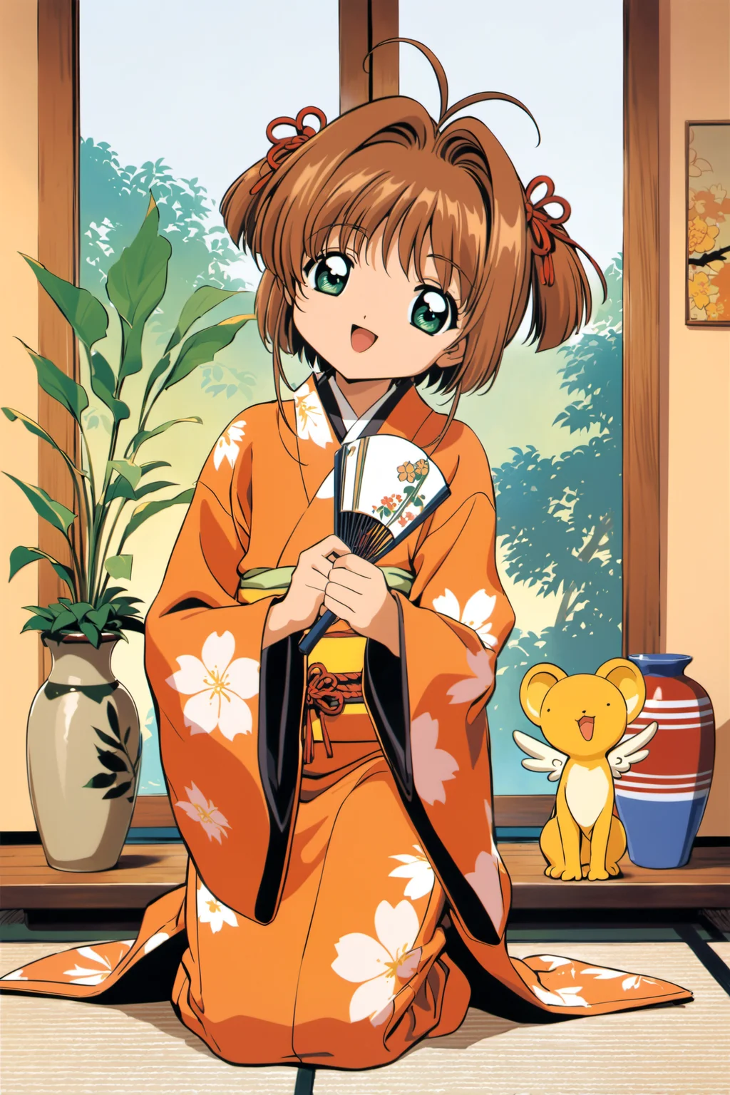 kinomoto sakura, 1girl, japanese clothes, seiza, kimono, brown hair, floral print, flower, vase, long sleeves, obi, green eyes, sitting, sash, 1990s (style), indoors, bangs, antenna hair, short hair, smile, looking at viewer, kero, retro artstyle, hair intakes, hand fan, open mouth, potted plant, print kimono, plant, hair ornament, wide sleeves, full body, solo, head tilt, :d, orange kimono, two side up, zabuton, female child, ribbon, picture frame,<lora:Card Captor Sakura Anime_XL:0.8>
