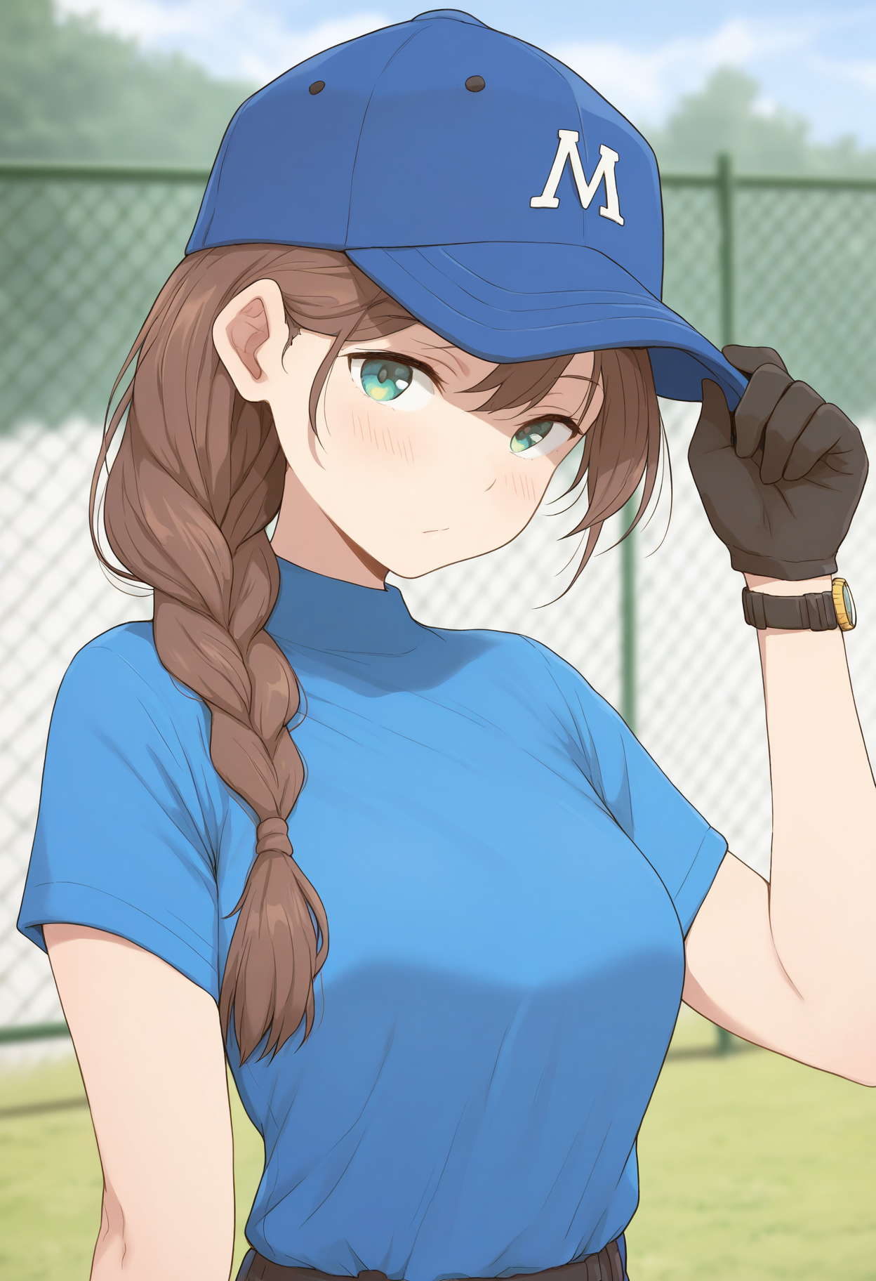 masterpiece,best quality,amazing quality,
1girl, solo, gloves, braid, hat, blue headwear, adjusting headwear, brown hair, breasts, shirt, upper body, adjusting clothes, black gloves, green eyes, watch, blurry background, blurry, looking at viewer, single braid, baseball cap, blue shirt, hair over shoulder, long hair, short sleeves, aqua eyes, fence,
 <lora:Kuhuku:1>