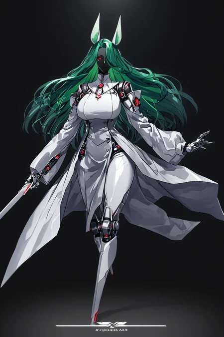 score_9, score_8_up, score_7_up, score_6_up, score_5_up, score_4_up, BREAK, source_anime, solo, 1girl, rating_safe, ((mature female)), ((long green flowing hair)), mechanical parts, ((plastic, polymer, metal body)), (big mechanical rabbit ears), mature female, (bunny ears), (animal ears), subdermal port, ((milf, mature female, big breasts)), hexagon lines in skin, naval uniform overcoat, naval uniform, white military uniform, dress_uniform, ribbons, ((red eyes)), bunny tail, rabbit tail, aiguillette, ((green hair)), ascot, ((Eye-level angle view Close shot (focus on knees), Dancing, pretending to be a cute fairy )), pilot suit, shoulder cutout, bunny rabbit Tail, ((hair over one eye, )), digitigrade, clawed feet, minimal clothes, ((metal skin, shiny skin, vampire aesthetic, digital eyes, filled eyes, monochromatic eyes, glowing eyes, colored sclera, red sclera, mechanical eyes, partially shaded face, slit pupils, angular, minimal face, minimalism, narrow eyes, large eyes)), (anubis \(mythology\), anubis \(mythology\), ), <lora:Pony_DetailV2.0:1.5>, <lora:age_slider_v4:4>, ((dark, shaded, black background, horror, GREEN HAIR,)) <lora:ECHANIS:0.7>,   <lora:see-through_body_slime_version:1>