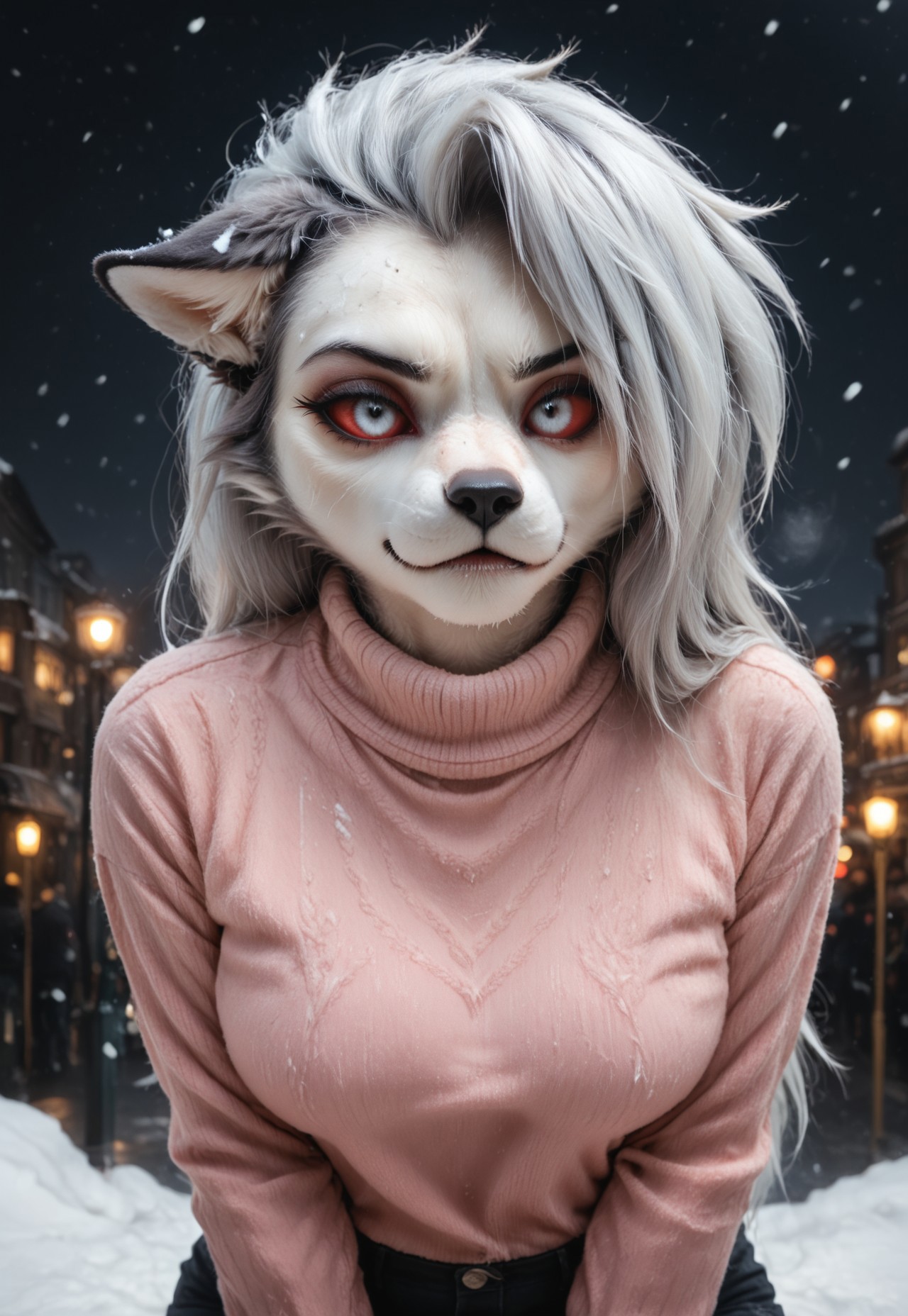 Masterpiece, best quality, amazing quality, female,   lidded eyes, photorealistic, realistic proportions,  beautiful photo, realistic lighting, masterpiece, high quality, score_9, score_8_up, score_7_up, score_6_up, score_5_up, 
loona_helluva_boss, furry, furry female, anthro, red sclera, white eyes, detailed eyes, fur, furry, covered in fur, no outline, medium breasts, 

unhappy, pouting, cold, snow in hair, ice on head, frost in hair, chilly, face close up, head shot, 

pink sweater, warm clothing, sweat pants, winter, city, night, 