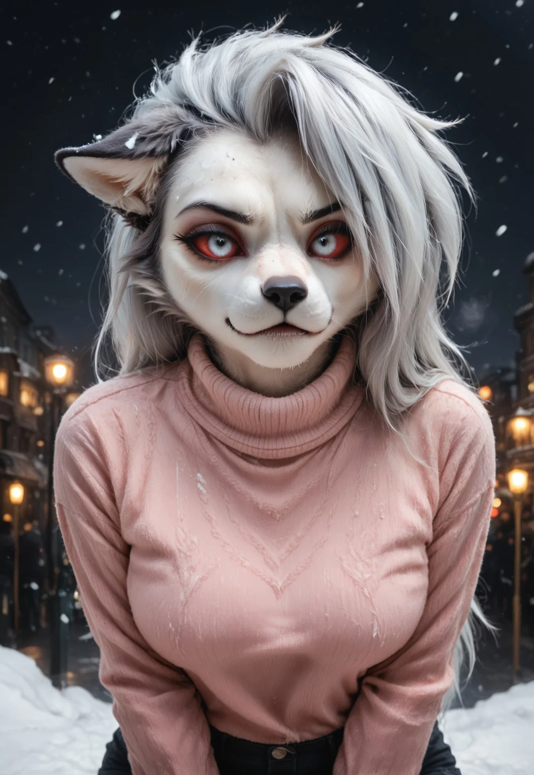 Masterpiece, best quality, amazing quality, female, lidded eyes, photorealistic, realistic proportions, beautiful photo, realistic lighting, masterpiece, high quality, score_9, score_8_up, score_7_up, score_6_up, score_5_up,
loona_helluva_boss, furry, furry female, anthro, red sclera, white eyes, detailed eyes, fur, furry, covered in fur, no outline, medium breasts,
unhappy, pouting, cold, snow in hair, ice on head, frost in hair, chilly, face close up, head shot,
pink sweater, warm clothing, sweat pants, winter, city, night,