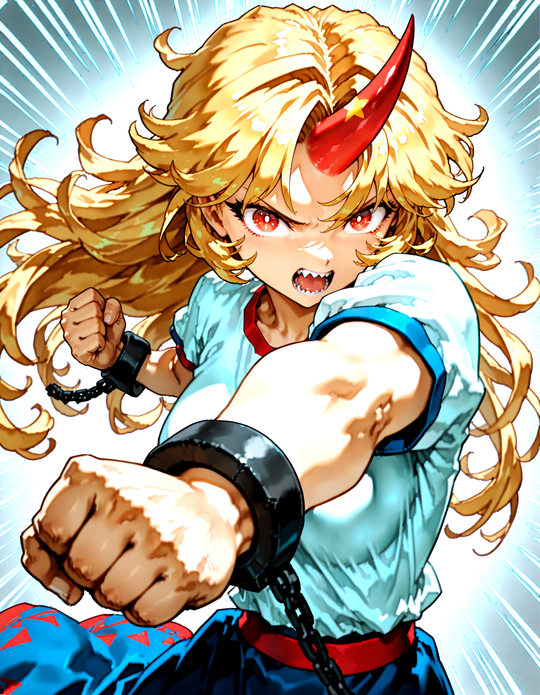 munakata_(sekimizu_kazuki):1.2,mogudan:0.8, hamada_yoshikazu ,toriyama_akira_(style) ,touhou ,hoshiguma_yuugi , highres ,1girl ,black_skirt, blonde_hair, breasts ,bright_pupils ,clenched_hands ,cuffs ,emphasis_lines, grey_background ,horns, incoming_attack, long_hair ,looking_at_viewer, medium_breasts, open_mouth, punching ,red_eyes ,red_horns, shackles ,sharp_teeth ,shirt, short_sleeves ,simple_background ,single_horn ,skirt solo, star_(symbol), teeth, upper_body ,white_shirt, messy_hair ,<lora:touhou_146:0.5>,<lora:illustrious_noobai_epsilon_pred_1_best_quality_v1:0.7> ,<lora:illustrious_noobai_epsilon_pred_1_masterpieces_v1:0.7>, <lora:ponyv4_noob1_2_adamW:0.7>,