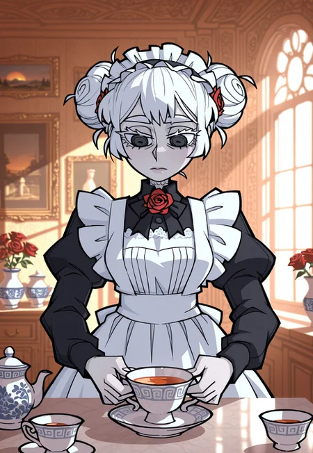 safe_pos, masterpiece, best quality, 1girl, solo, maid, maid apron, black dress, long sleeves, maid headdress, white embroidery, pale skin, red rose ornament on hair, glowing white hair, white eyelashes, white eyebrows, porcelain skin, black eyes, glossy lips, short hair, messy bun, double bun, goth make up, cute, preparing tea, indoors, baroque, chateau, porcelain, fancy paintings, morning, sunrise,
vanripper