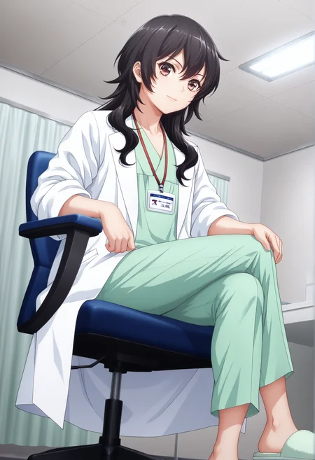 masterpiece, best quality,  absurdres, highres, cinematic light, 1girl, solo,  <lora:takao_ameku:1> takao_wz, long hair, black hair, brown eyes, lab coat, white coat, green medical scrubs, green capri pants, lanyard, id card, light smile, sitting, office chair, desk, dynamic angle, looking at viewer, crossed legs, slippers, indoors, hospital, white theme, ceiling light, ceiling, (yuritamashi:0.4),  <lora:anime_screencap-Illustrious_1064755:1> anime screencap, anime coloring