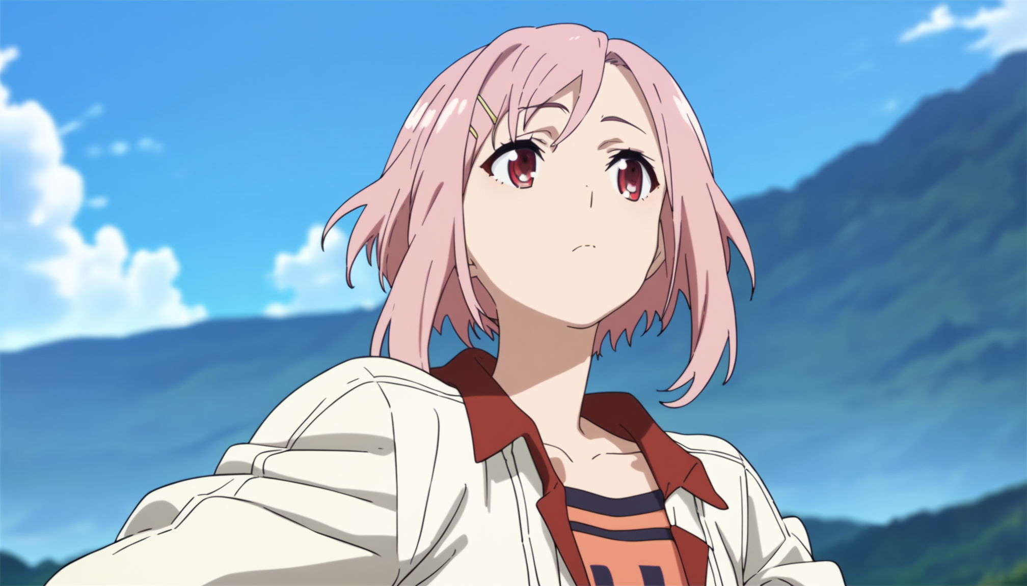 score_9,score_8_up,score_7_up,
<lora:yoshinokoharu>,yoshinokoharu,
1girl,solo,pink hair,short hair,bangs,red eyes,looking to the side,closed mouth,white jacket,open jacket,orange tank top,portrait,from below,outdoors,blue sky,hill,cloud,