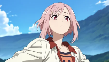 score_9,score_8_up,score_7_up,
<lora:yoshinokoharu>,yoshinokoharu,
1girl,solo,pink hair,short hair,bangs,red eyes,looking to the side,closed mouth,white jacket,open jacket,orange tank top,portrait,from below,outdoors,blue sky,hill,cloud,