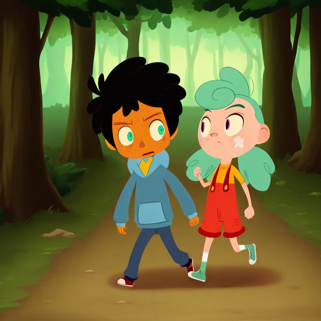 masterpiece, best quality, break, makki_cc, (1boy, max_cc, dark-skinned male, black hair, hoodie, green eyes), break, (1girl, nikki_cc, green hair, pink eyes, overalls), walking, forest, looking at another, natural lighting