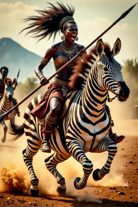 Real photograph of an African warrior woman,  black skin, Nubian, beautiful, breathtaking,  athletic, (small breasts:1.4),  earrings, necklace, wrist bands,  human feet wearing sandals,  dangerous, fierce, determined, battle hardened,  mounted atop an angry and ferocious zebra,  charging into battle with lowered spear, shield and spear bearing war decorations,  fierce angry painted face full of rage, yelling fierce war cries,  African Savannah with mount Kilimanjaro in the background,  intricate details, masterpiece, elegant, complex patterns,  (full body shot from head to toe:1.6), environmental wide angle,  dramatic and dynamic morning lighting, intense atmosphere,   <BaroqueColorful:0.72>