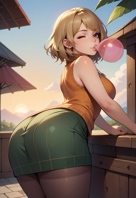 score_9, score_8_up, score_7_up BREAK solo,outdoors,looking at viewer,big butt,from side,bent over,arm support,<lora:ashleygraham-pdxl-nvwls-v1:0.8> reAshley, brown eyes, bangs, necklace, orange sweater, sleeveless turtleneck, green miniskirt, pantyhose, sunset,wink,bubblegum