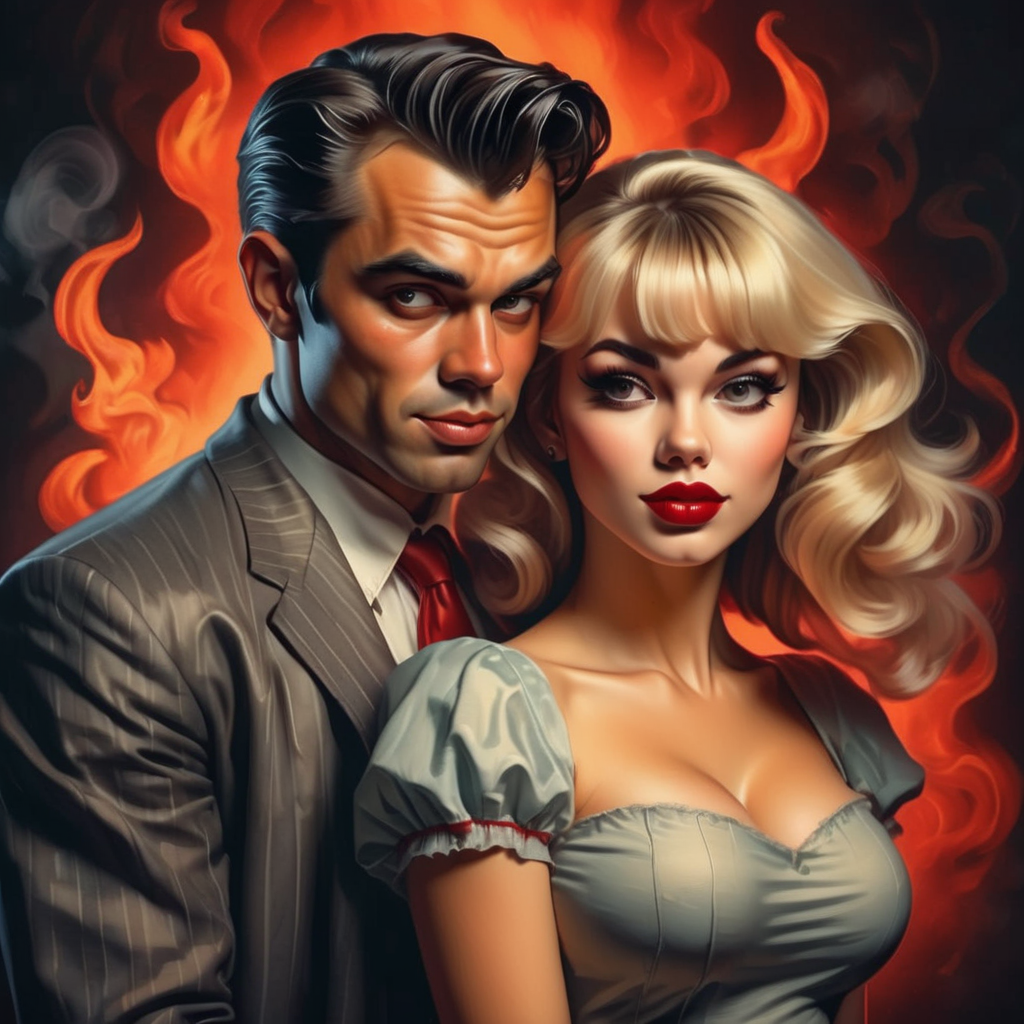 vintagemuse beautiful studio portrait of a girl and a devil man in retro style, in the background hell dark background smoke flames, professional light, very detailed<lora:vintagemuse:1>