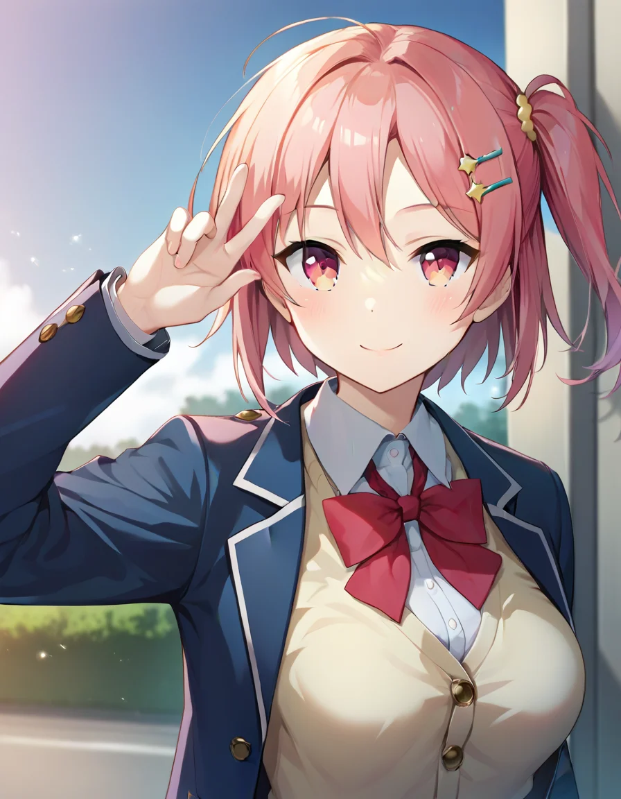 score_9,score_8_up,score_7_up,score_6_up BREAK official art,solo,outdoors,smile,upper body,(portrait:1.5),looking at viewer,facing viewer,Shindou Ayane,short hair,pink hair,one side up,hair ornament,hairclip,sidelocks,hair between eyes,parted bangs,pink eyes,school uniform,blue jacket,blazer,wing collar,open jacket,red bowtie,yellow cardigan,collared shirt,white shirt,medium breasts,skindentation,long sleeves,blue skirt,plaid skirt,pleated skirt,white socks,loafers,<lora:Shindou Ayane(ksak)-Pony:1.2>,<lora:Smooth Anime Style LoRA XL:0.8>,
