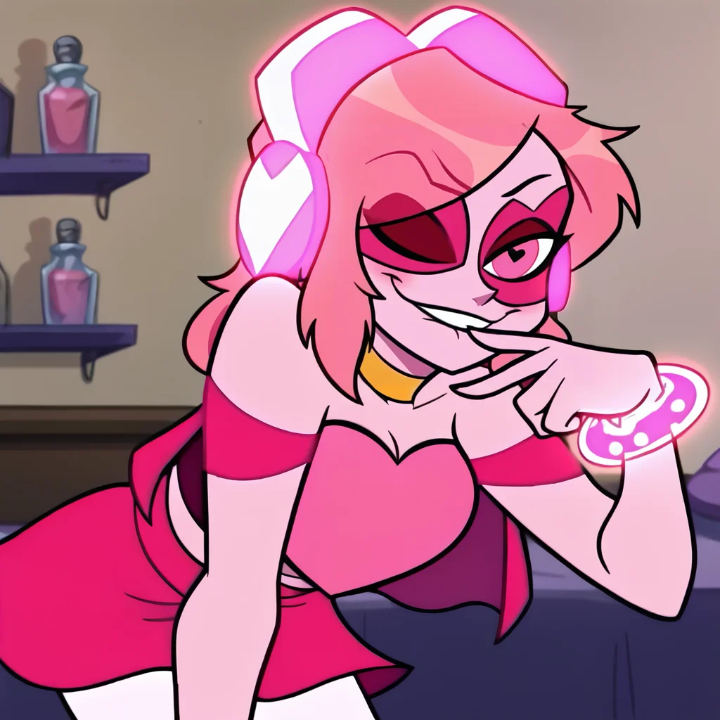 score_6_up, score_5_up, score_4_up, bedroom, anime screencap, anime coloring, animification,<lora:Miss_Heed:1>, msh1, 1girl, cleavage, jewelry, medium breasts, pink hair, earrings, choker, pink eyes, bracelet, heart-shaped eyes, makeup, headphones, cape, pink skin, glowing, midriff, navel, toned, miniskirt, sleeveless, strapless, mask, white thighhighs, off shoulder, heels, pink skirt, BREAK leaning forward, biting own finger, light smile, looking at viewer, one eye closed,
