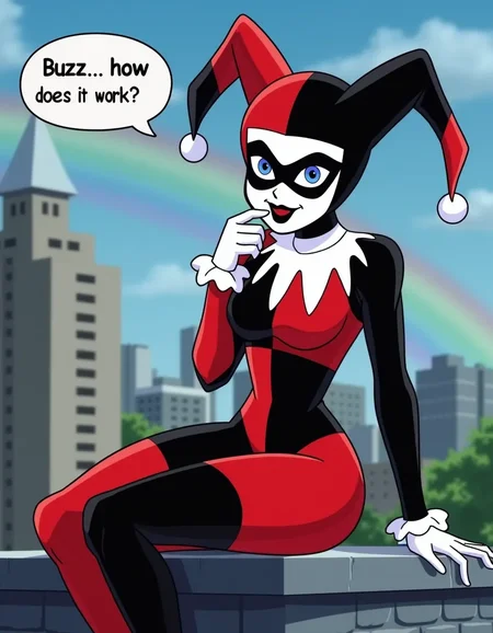 in top left corner small cyan title card rectangle smalltext "External Generator", Harley Quinn BTAS 1992 Animated Series, black lipstick, perfect blue eyes, perplexed thinking expression sitting on rooftop ledge, white face makeup, black masquerade eyemask, half black and half red Harlequin jesters outfit, black and red twintail jesters cap, skintight coif, white gloves, wide hips, outdoors city rainbow, sexy sitting pose, middle left speech bubble with "Buzz... how does it work?"