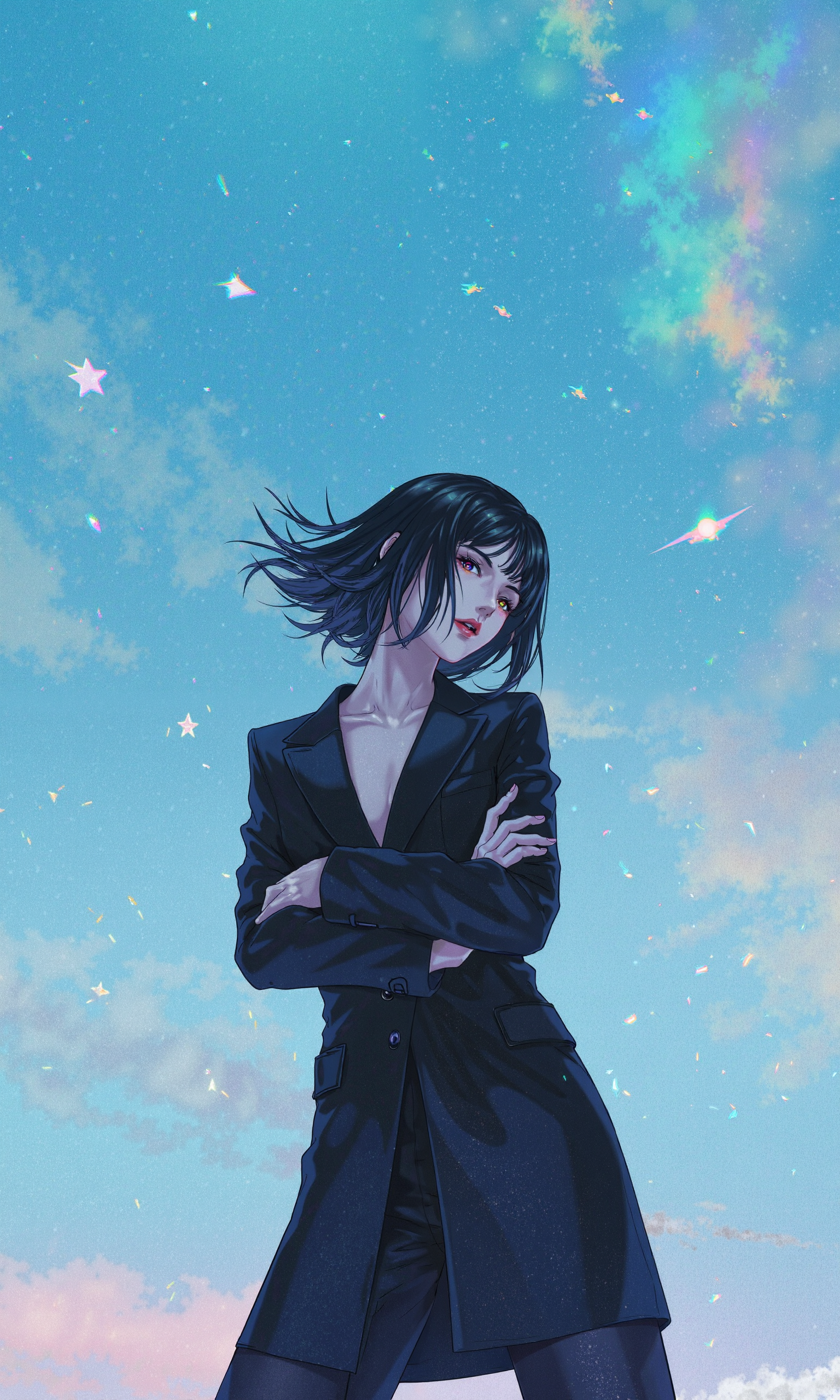 A slender Japanese woman with porcelain skin and raven-black hair, dressed in an avant-garde outfit, strikes an eccentric pose against a wintry, holographic sky backdrop. Inspired by the iconic poses of JoJo's Bizarre Adventure, her confident demeanor is accentuated by dynamic angles and vibrant colors, reminiscent of a Hayao Miyazaki film. Soft, diffused light with a cool blue undertone, characteristic of a winter morning, casts a gentle glow on her face, illuminating her bold expression. The scene is shot with a shallow depth of field, using a 50mm lens with a subtle film grain, and graded with a pastel color palette to evoke a dreamy, ethereal atmosphere. The painting is in the style of umesky<lora:ume_sky_v2.safetensors:0.8:0.8>