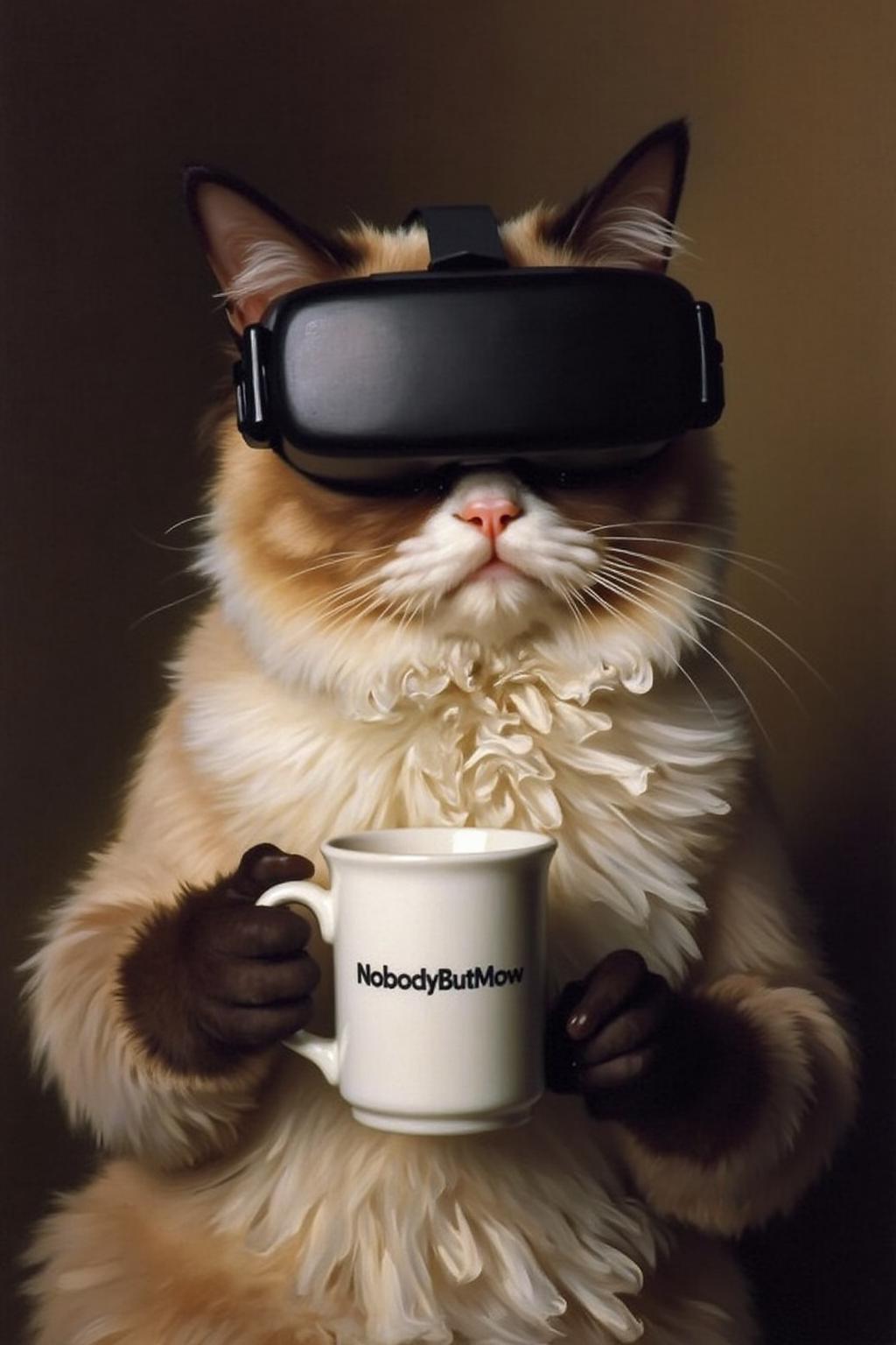 johnss1 painting.
Grumpy Cat holding a coffee mug, wearing a VR Headset. The mug has the phrase "NobodyButMeow" printed
 <lora:johnss2_cap_d6a3:1.0><lora:829200250603529058:0>