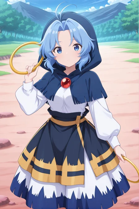 absurdres, highres, masterpiece, best quality, amazing quality, official anime artwork, screencap, anime screencap, outdoors, looking at viewer, 
 <lora:Ichirin-Kumoi_Illustrious:1> kumoi ichirin, 1girl, solo, blue eyes, blue hair, short hair, antenna hair,, blue capelet, hooded capelet, hood up, white dress, long sleeves, hoop, kesa, red pendant,