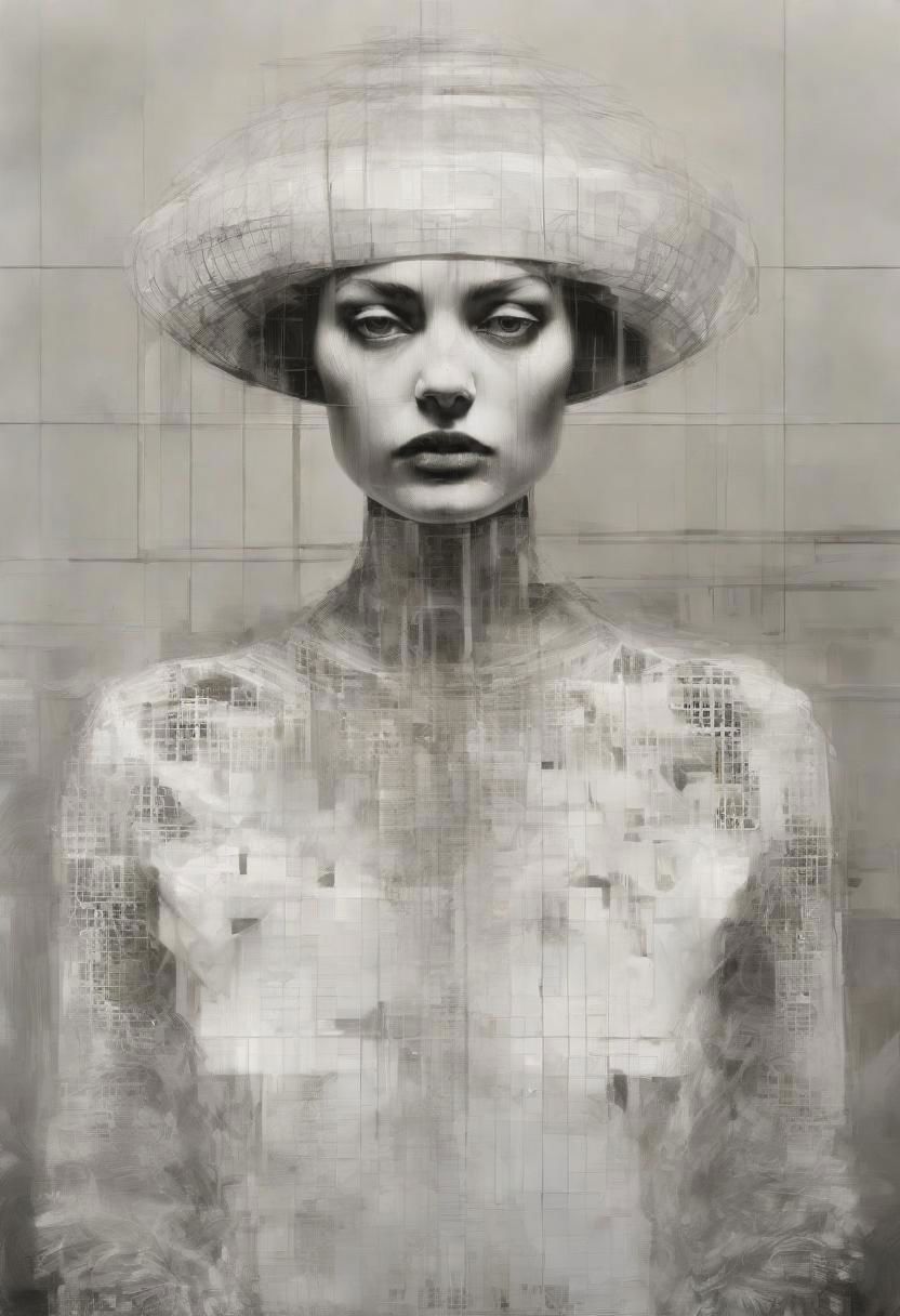 Monochrome black and white, Giger, Beksinski, Zawadzky, Dali, Magritte, Delvaux, Bellmer, Malevitch, Rodchenko, Mondrian, Kandinsky, Popovna, psychedelic hallucination, pop surrealism, rough crosshatch drawing pop art Lunatic_Portrait of a young woman in latex Avant-garde Fashion page, slick back, low bun, black makeup, sinister expression, intense glare, avant-garde, abstract, weird, geometric, constructivism, suprematism, rayonism, verticism, lineism, tj