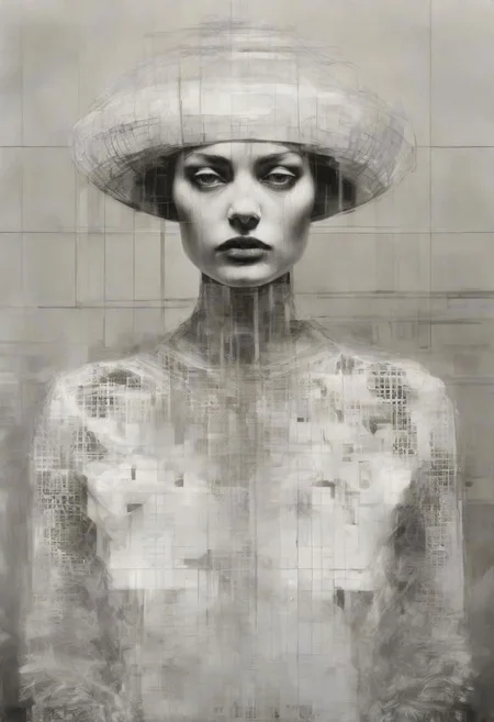 Monochrome black and white, Giger, Beksinski, Zawadzky, Dali, Magritte, Delvaux, Bellmer, Malevitch, Rodchenko, Mondrian, Kandinsky, Popovna, psychedelic hallucination, pop surrealism, rough crosshatch drawing pop art Lunatic_Portrait of a young woman in latex Avant-garde Fashion page, slick back, low bun, black makeup, sinister expression, intense glare, avant-garde, abstract, weird, geometric, constructivism, suprematism, rayonism, verticism, lineism, tj