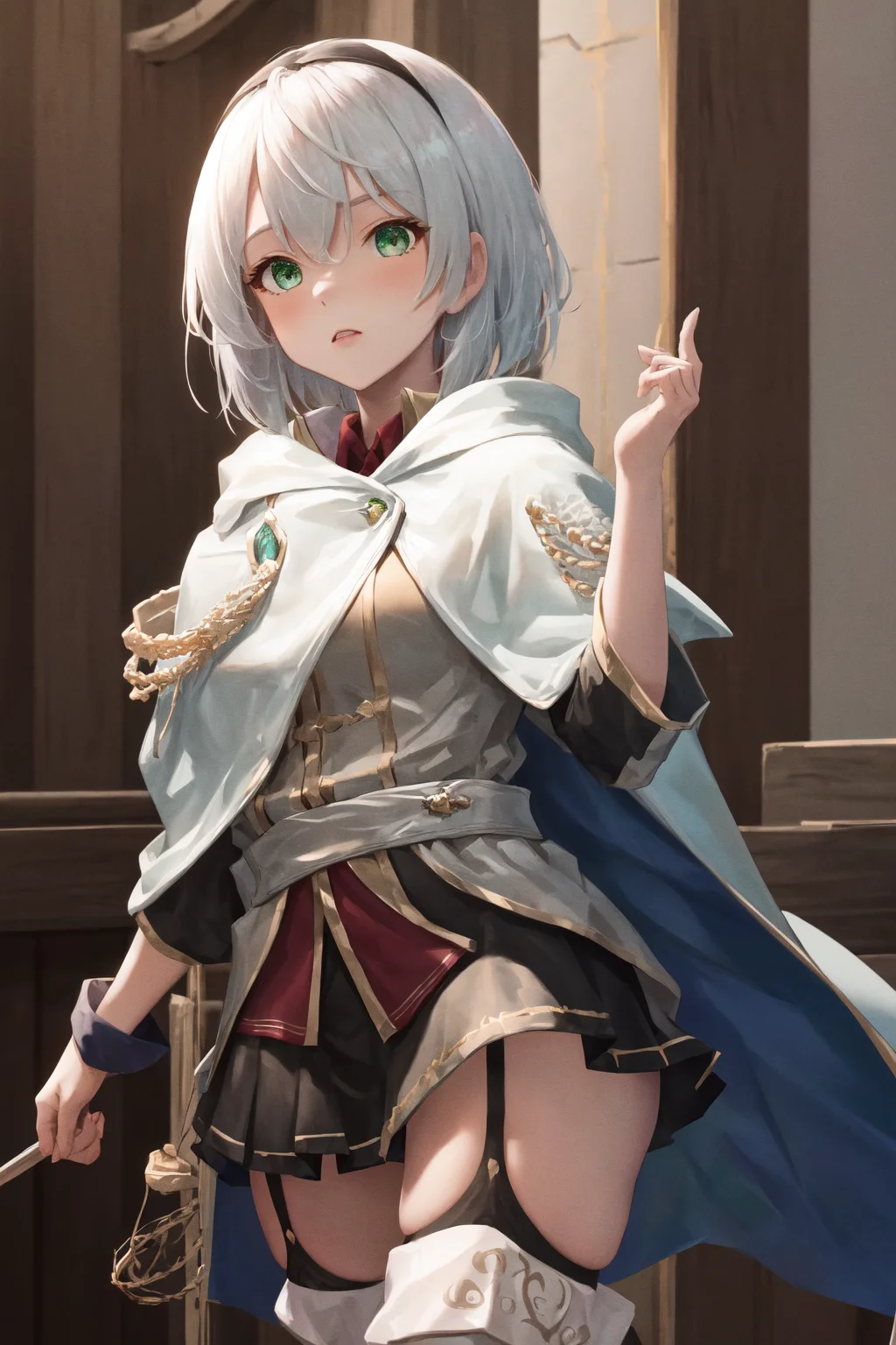 masterpiece, best quality, highres, 1girl amnesia green eyes short hair, white cape black skirt pleated skirt white jacket red shirt garter straps black thighhighs thigh boots <lora:amnesia:1> standing, hands in pocket