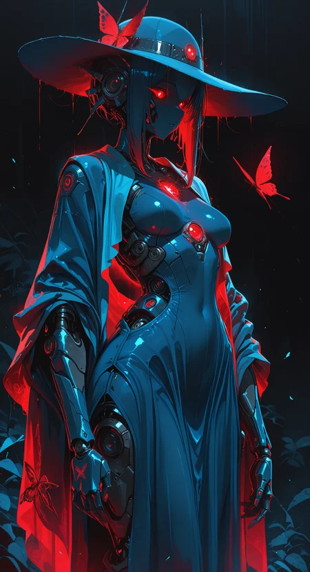 masterpiece, best quality, good quality, very awa, newest, highres, absurdres, 1girl, solo, breasts, red_eyes, dress, hat, medium_breasts, blue_dress, glowing, bug, robot, butterfly, glowing_eyes, shawl, joints, humanoid_robot, robot_girl, limited palette, h4ra_illu <lora:illustriousXL_stabilizer_v1.23:0.3> <lora:NOOB_vp1_detailer_by_volnovik_v1:0.3> <lora:ponyv6_noobE11_2_adamW-000017:0.3> <lora:114558v4df2fsdf5:0.6> <lora:XXX667:0.4> <lora:-_iLL_-_the_edgy_mech_V2.0-:0.8>