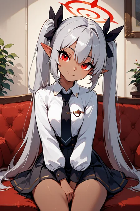masterpiece, best quality, 1girl, solo, 21 year old model, eyelashes, (beautiful eyes), ,,, zzIori, red eyes, halo, long hair, twintails, dark skin, very long hair, pointy ears, grey hair, skirt, ribbon, hair ribbon, white shirt, necktie, collared shirt, long sleeves, <lora:IoriBlueArchiveIXL:1.0>,BREAK,,, smile, curvy, head tilt, sitting on couch, looking at viewer, cowboy shot, <lora:SmoothAnimeIXL:0.8>, <lora:princess_xl_v2:0.3>,