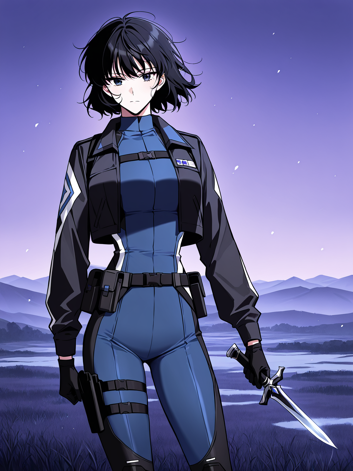<lora:Omniscient Reader's Viewpoint _ Han Sooyoung_epoch_7:1>
1 girl, solo, short hair, messy hair, black hair, black eyes, 
blue bodysuit, black short jacket, tactical outfit, long black boots, utility belt, black gloves, holster on thigh, white and black accents, skin-tight suit, 
score_9, score_8_up, score_7_up, very aesthetic, source_anime, detailed, high quality, beautiful, masterpiece, detailed eyes, holding, holding a dagger, looking at viewer, cowboy shot, legs apart, outdoors, night, purple theme, fog, snowy field